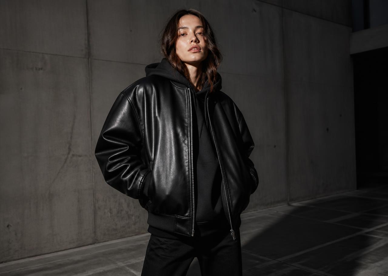 Model wearing a TWNTY leather jacket in a concrete studio